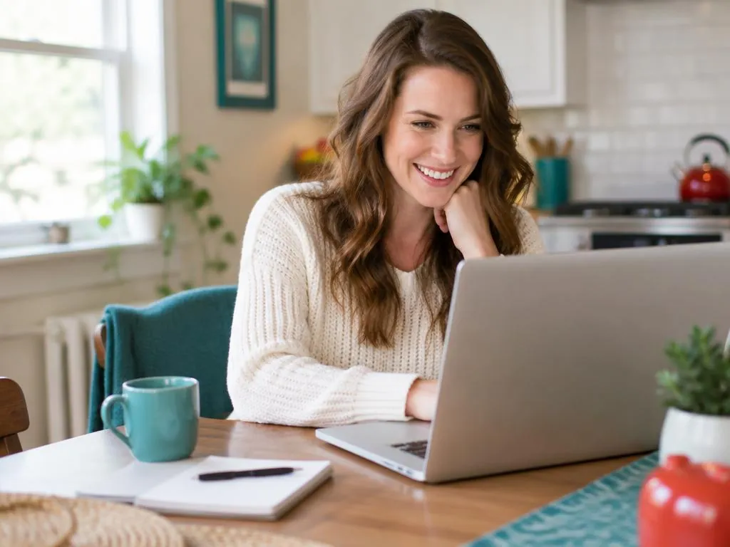 Woman smiling at her laptop after her car loan application is approved